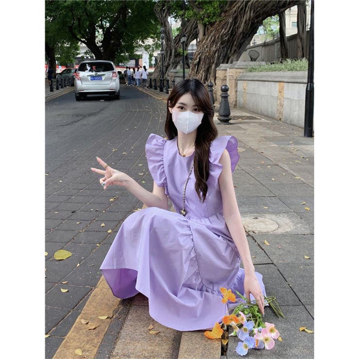 薄紫のパール装飾付き半袖ワンピース 38 ワンピース 夏 レディース リゾート 海 キャミワンピース サマードレス