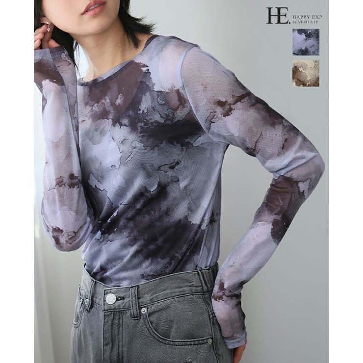 柄に魅せられて。ペイント柄シアーメッシュトップス カットソー