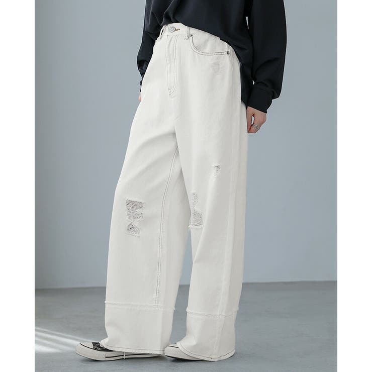 ホワイト | 大人のカジュアルデニム。リメイク風ダメージデニムパンツ デニム パンツ | HAPPY急便 by VERITA.JP