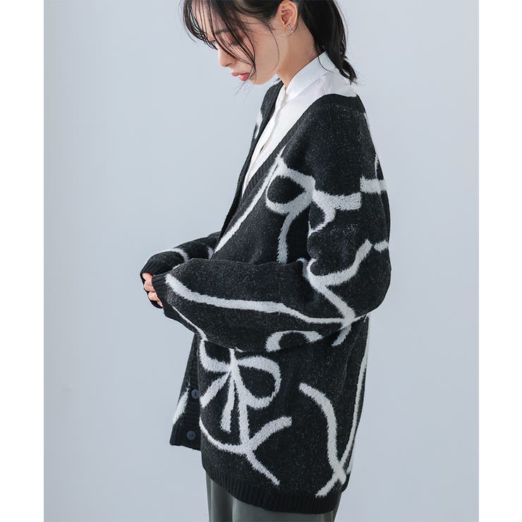 甘すぎない大人リボン。リボン柄フェザーニットカーディガン カーデ