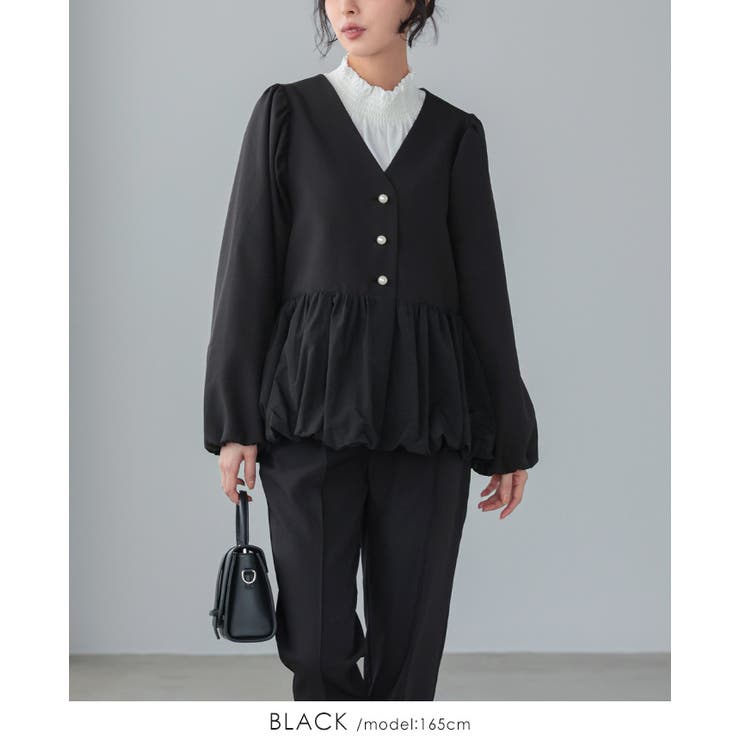 ブラック | レディなデザインに惹かれる。バルーン切替ジャケット 洗える ペプラム | HAPPY急便 by VERITA.JP