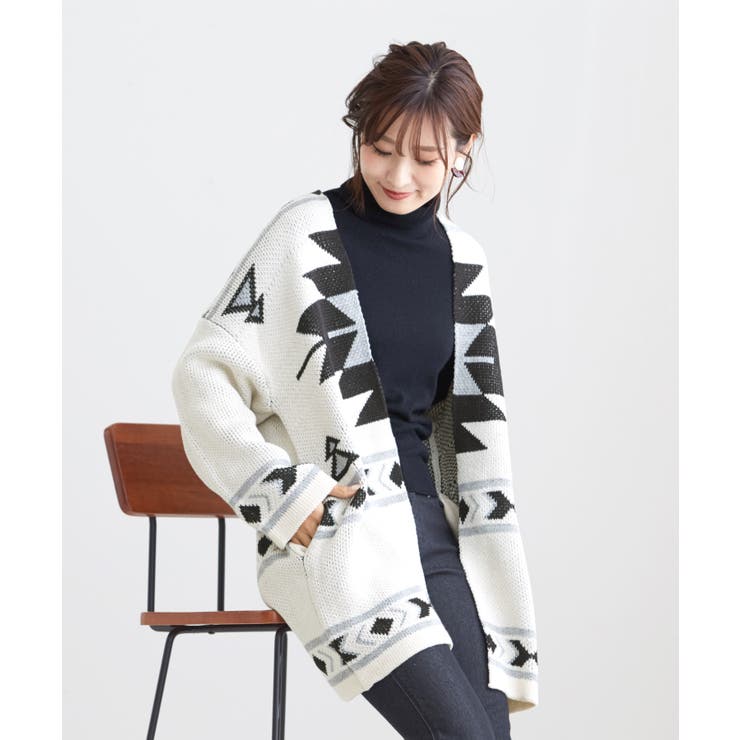 アイボリー×モノトーン | これ1枚でワンランク上のコーデになる！オルテガ柄 ニットカーディガン カーディガン | HAPPY急便 by VERITA.JP