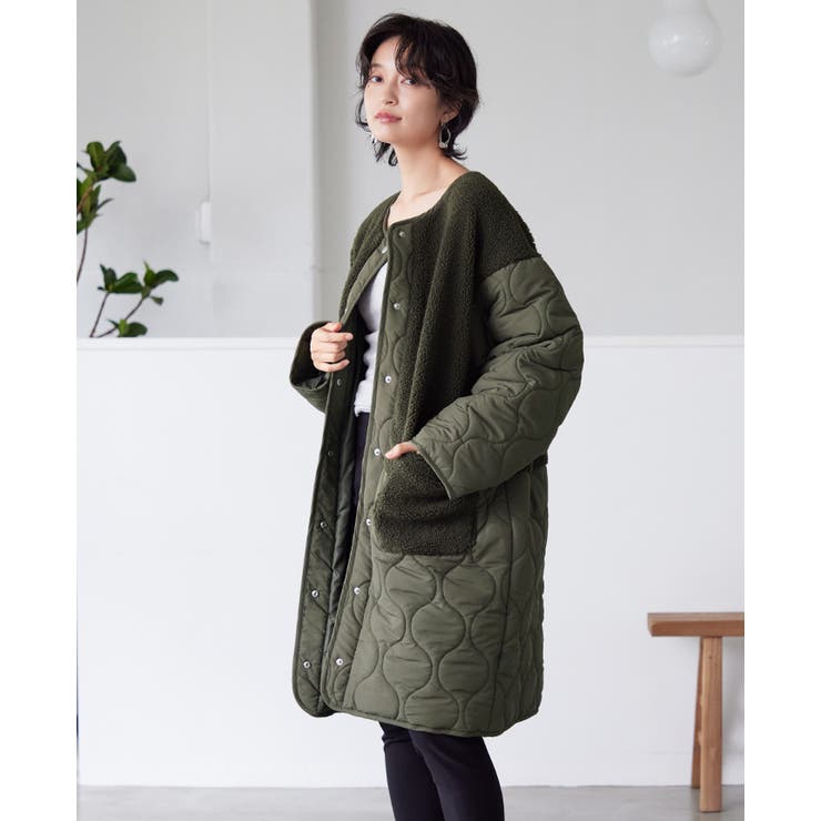 カーキ | 異素材のあったか冬アウター。ボア×ひょうたんキルトコート コート ボア | HAPPY急便 by VERITA.JP