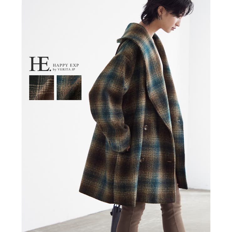 季節に似合う柄。チェック柄ショールカラーミドル丈コート コート