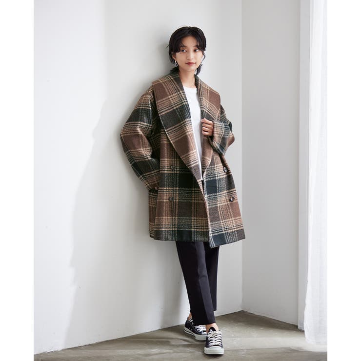 季節に似合う柄。チェック柄ショールカラーミドル丈コート コート