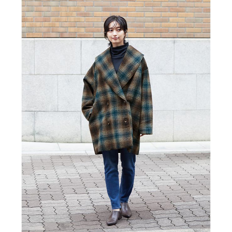季節に似合う柄。チェック柄ショールカラーミドル丈コート コート
