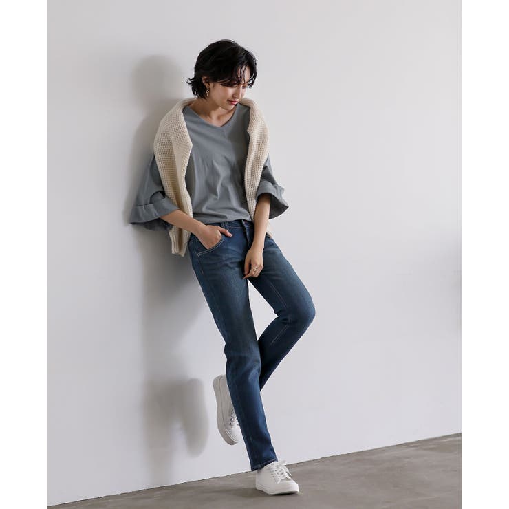 クリーム色 スリムフィットデニムパンツ ニッセン パンツ スキニー スリム 小さいサイズ レディース ゆる