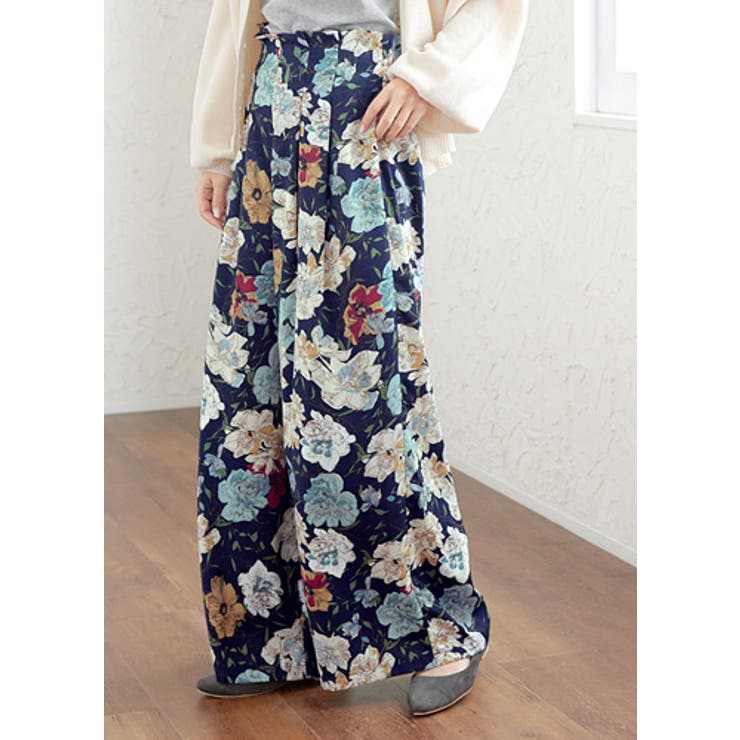 ビキ　花柄タックパンツ シンプルなコーデにひとつ！花柄 タックワイドパンツ パンツ