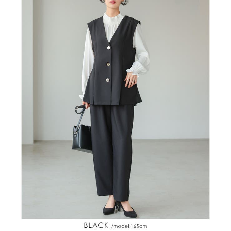 ブラック | すぐに使えるハレの日2点セット。ゴールドボタンベスト＆コクーンパンツセットアップ… | HAPPY急便 by VERITA.JP