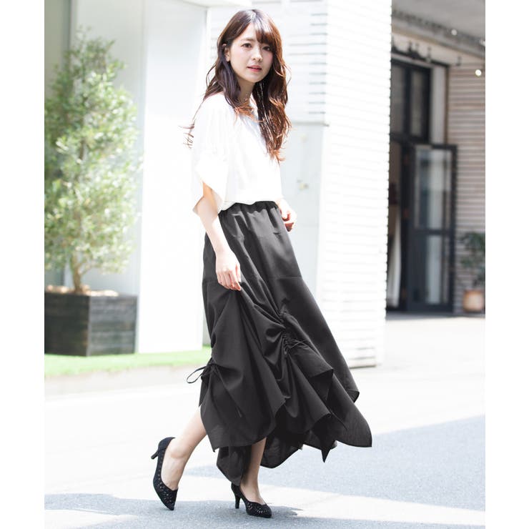 プランシー　フレア　アシンメトリー　ブラック　スカート　40 アシンメトリーラッフルフレアスカート[品番：MKSW0063237