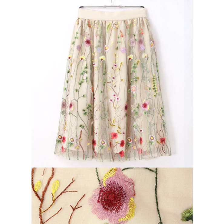 色とりどりの花が咲く、軽やかスカート。チュール花刺繍スカート