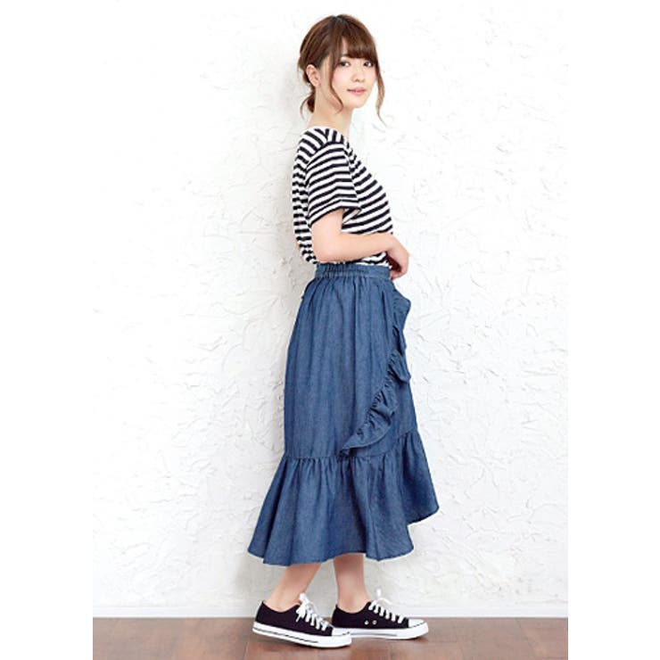 Ladyに装う。ソフトデニムアシメフリルスカート スカート ラップ