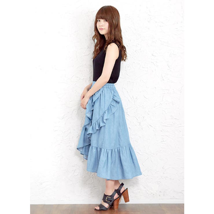 Ladyに装う。ソフトデニムアシメフリルスカート スカート ラップ