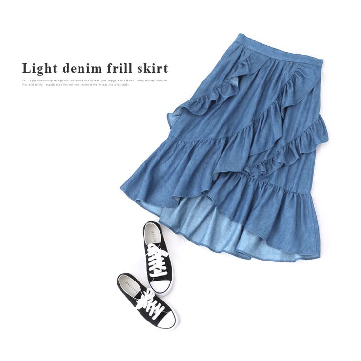 Ladyに装う。ソフトデニムアシメフリルスカート スカート ラップ