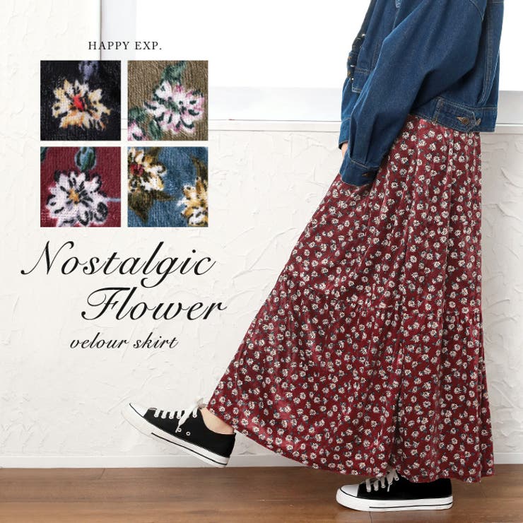 花柄フレアロングスカート 赤 楽天市場】花柄（カラーレッド）（スカート｜ボトムス