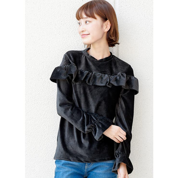 上品に旬を着る。胸フリル ベロアトップス トップス[品番