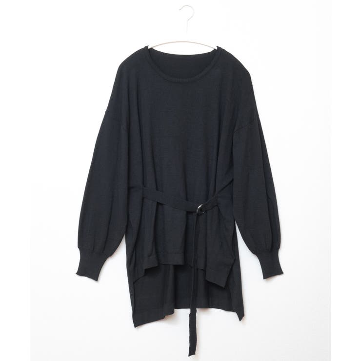 ブラック | ベルトでコーデをクールに変える。フロントベルト付きニットチュニック ニット | HAPPY急便 by VERITA.JP