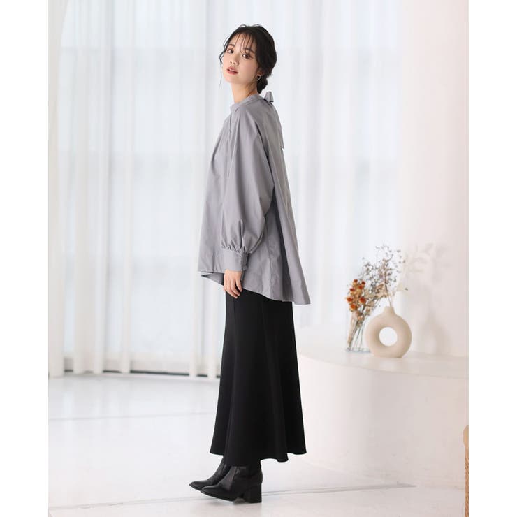 HER. ハー　バックリボンブラウス　シャツ　グレー　F　ゆったり セール】 〈手洗い可能〉綿 ナイロン バック リボン ブラウス （シャツ