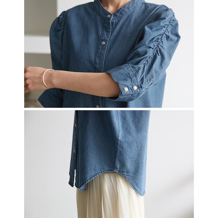 シャーリングカラー ダークデニムシャツ S crie conforto】サイドシャーリングシアーシャツ｜WOMEN