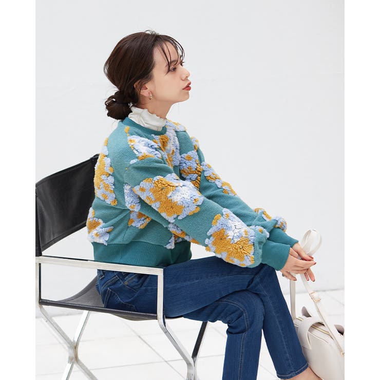 ブルー | 映える、華やかトップス。花柄ジャガードボアショートプル プルオーバー トップス | HAPPY急便 by VERITA.JP