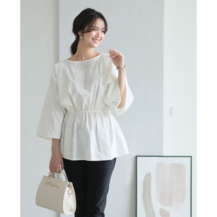 ホワイト | ラクしてスタイルアップ。リネンタッチペプラムドルマンブラウス ブラウス シャツ | HAPPY急便 by VERITA.JP