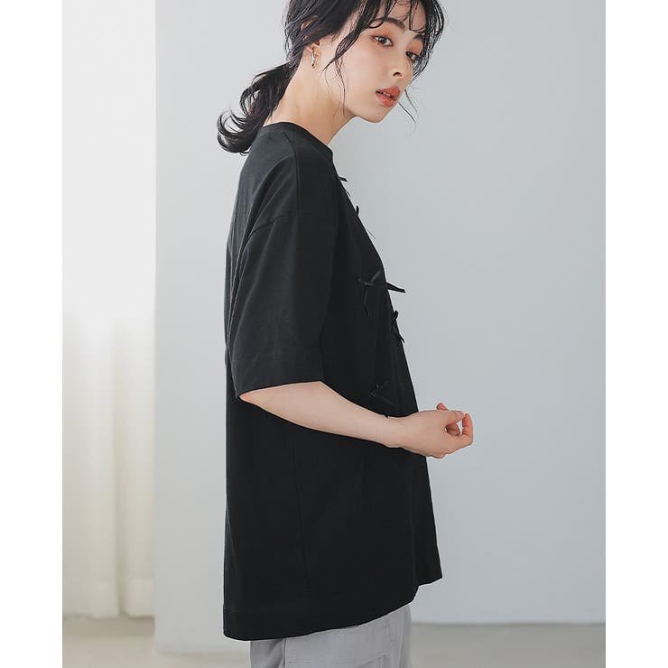 甘さ控えめで大人っぽく。リボン付きTシャツ tシャツ カットソー[品番
