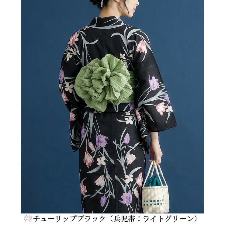 チューリップブラック | 簡単！1人で着れる綿 変わり織生地 セパレート浴衣2点セット（二部式浴衣+帯） | HAPPY急便 by VERITA.JP