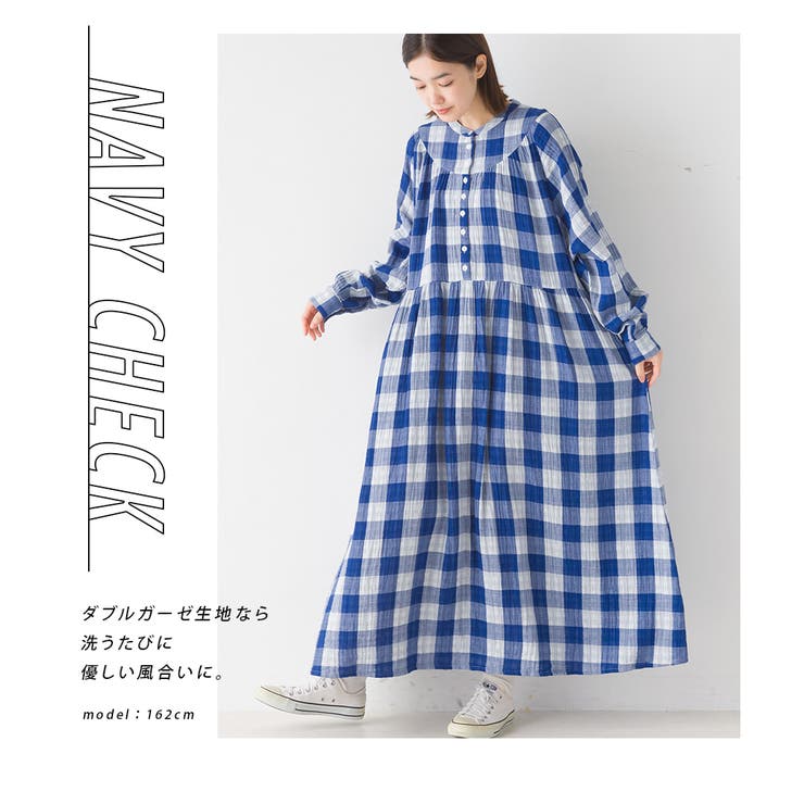 OMNES】ダブルガーゼ 多ボタンギャザーワンピース[品番