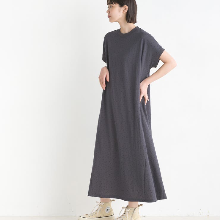 OMNES】接触冷感レーヨンナイロンボトルネックフレアワンピース