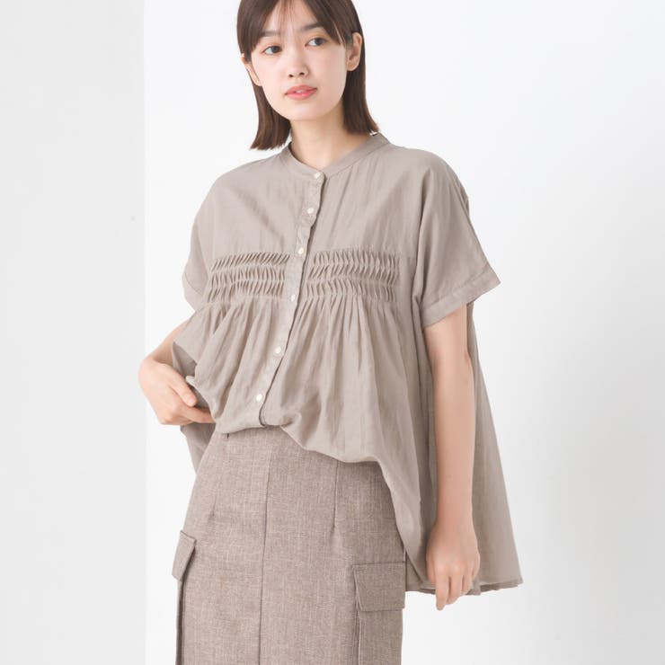 OMNES】コットンボイルタックギャザー半袖シャツ[品番