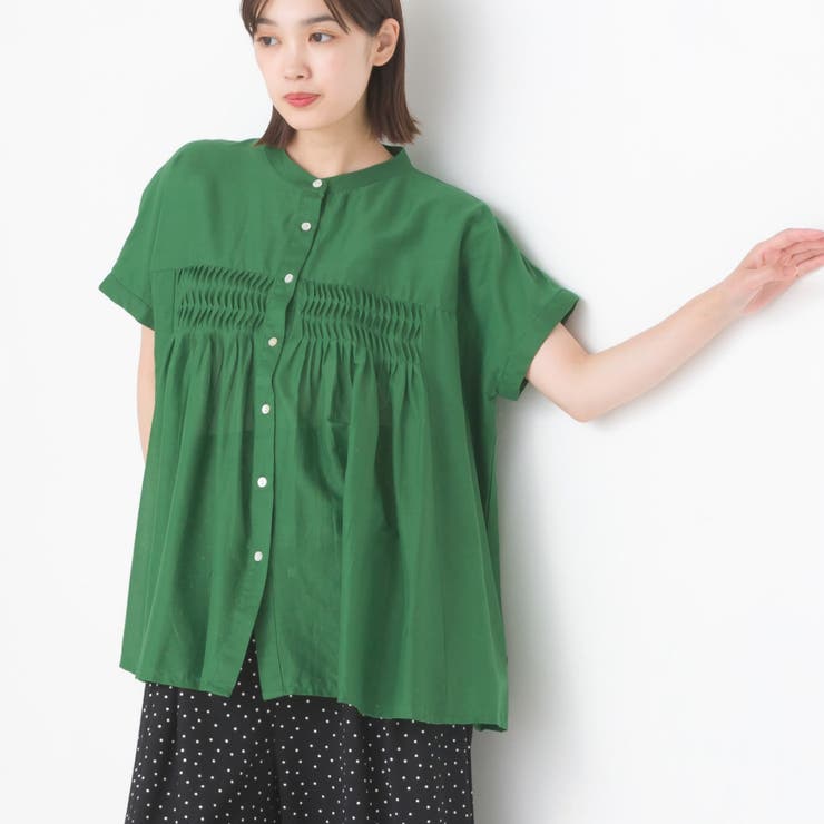 OMNES】コットンボイルタックギャザー半袖シャツ[品番
