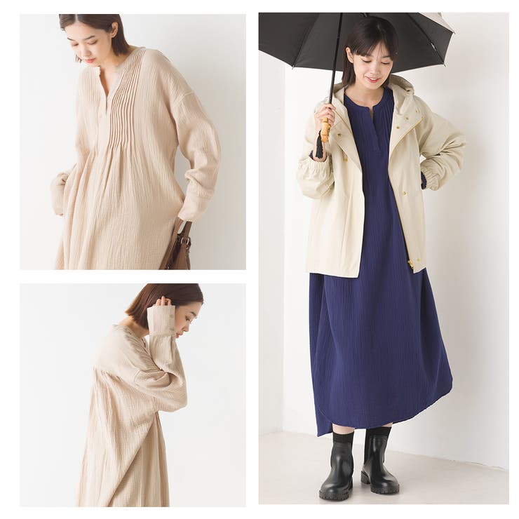 OMNES 青 ダブルガーゼ長袖 ワンピース OMNES】ダブルガーゼピンタックワンピース[品番：HPTW0000511