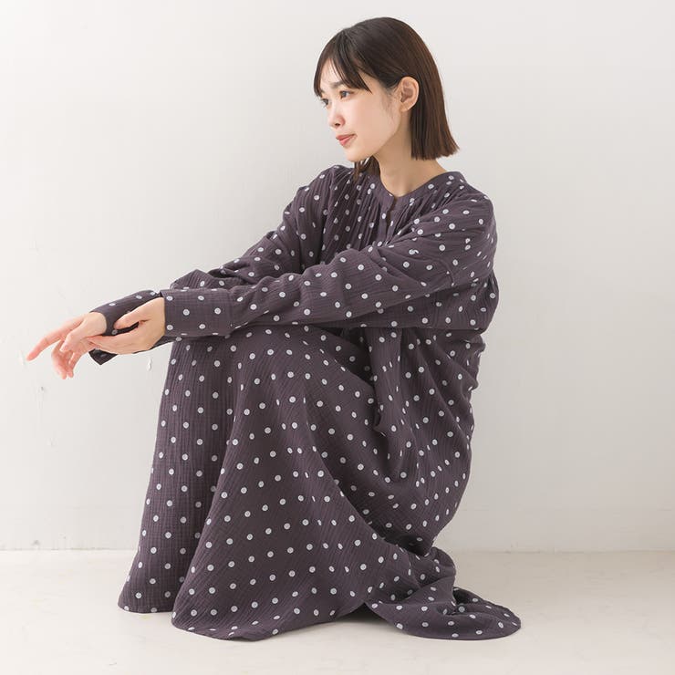 OMNES 青 ダブルガーゼ長袖 ワンピース OMNES 青 ダブルガーゼ長袖 ワンピース - ワンピースファッション