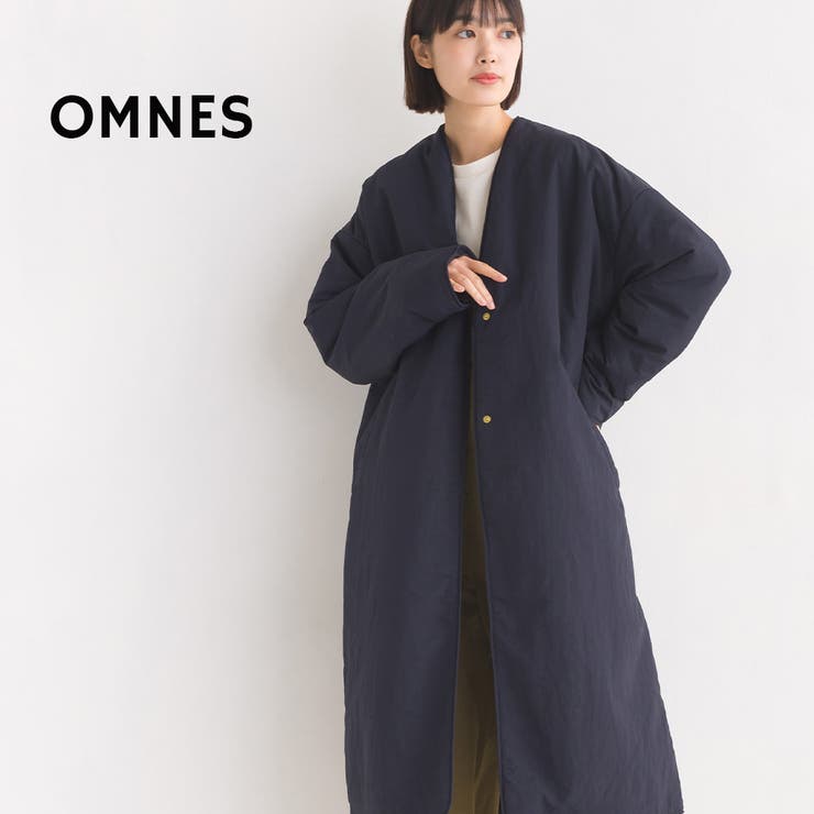 通販サイト一覧 OMNES】撥水加工ステッチレスノーカラーロングコート[品番 ジャケット・アウター