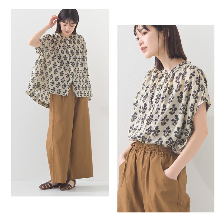 OMNES】コットンボイル総柄フレンチスリーブギャザーシャツ[品番