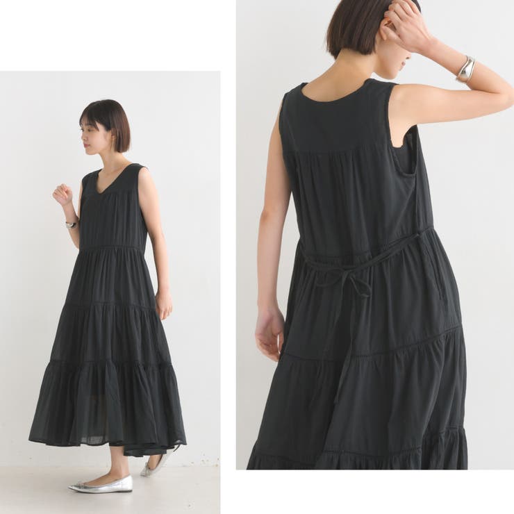 OMNES】コットンボイル ノースリーブティアードワンピース[品番