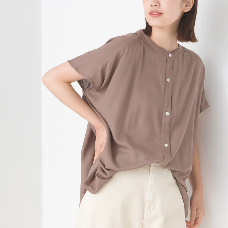 OMNES】レーヨンフレンチスリーブバンドカラーシャツ[品番