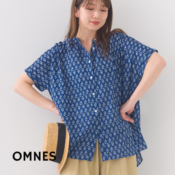 OMNES】コットンボイル総柄ワイドシルエットギャザー半袖シャツ