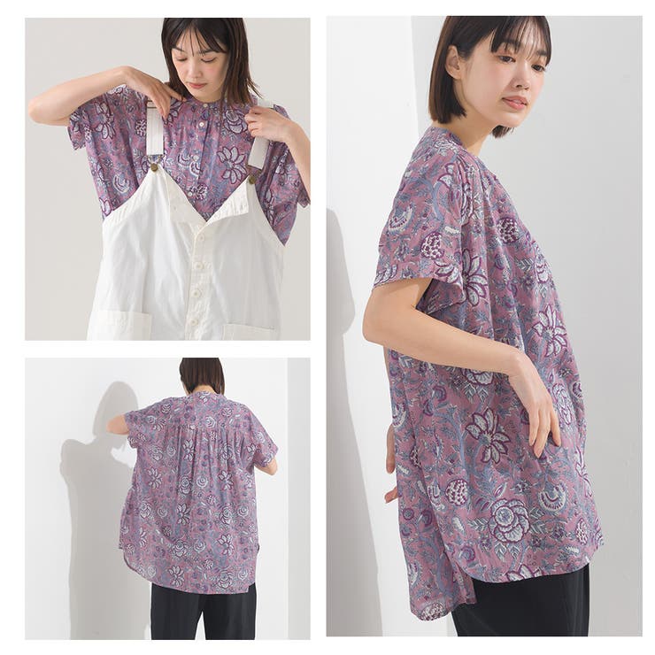 OMNES】コットンボイル総柄ワイドシルエットギャザー半袖シャツ