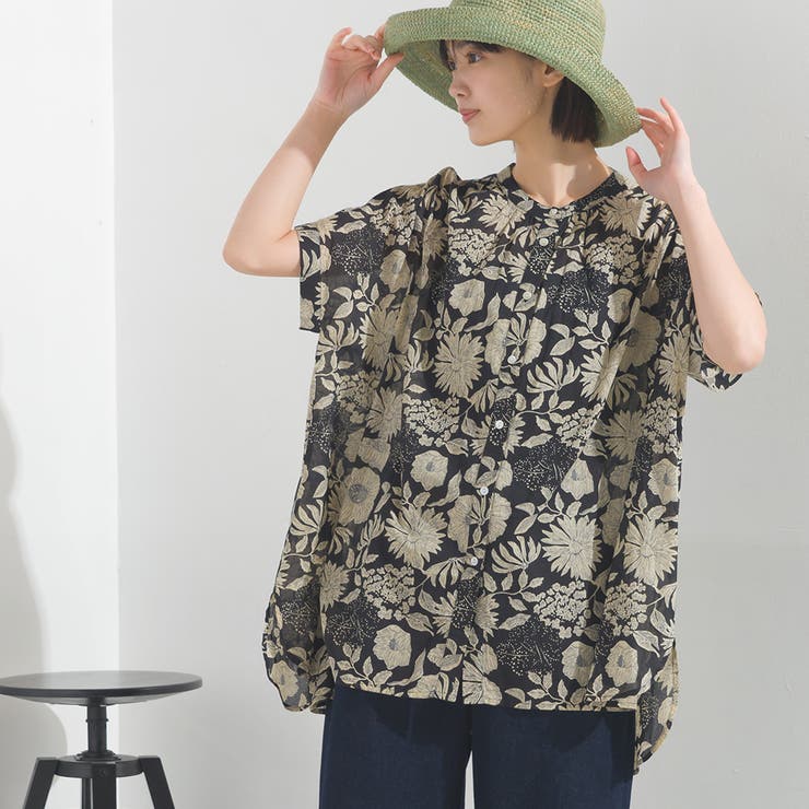 OMNES】コットンボイル総柄ワイドシルエットギャザー半袖シャツ