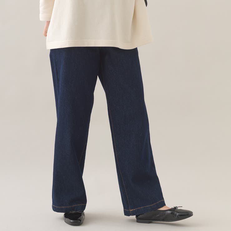 340-ネイビー | 【OMNES】12oz ウォッシュ加工ハイウエストルーズワイドデニムパンツ | OMNES