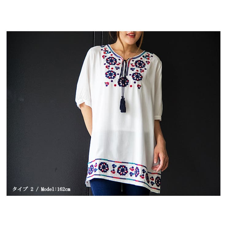 刺繍 半袖 チュニック[品番：CTLW0001393]｜HENANA （ヘナナ