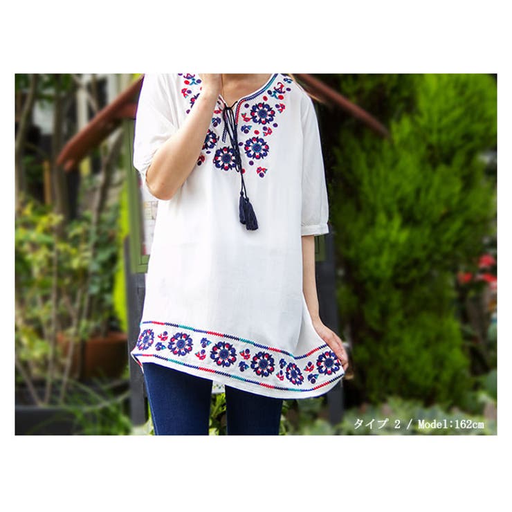 刺繍 半袖 チュニック[品番：CTLW0001393]｜HENANA （ヘナナ