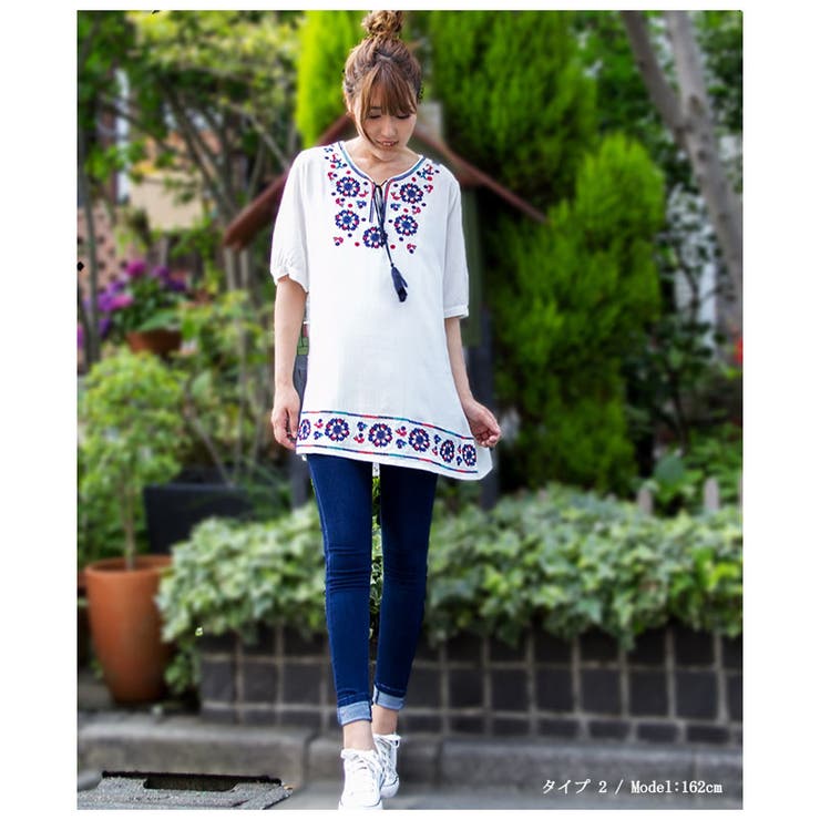 刺繍 半袖 チュニック[品番：CTLW0001393]｜HENANA （ヘナナ