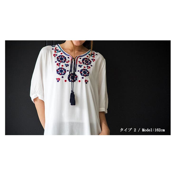 刺繍 半袖 チュニック[品番：CTLW0001393]｜HENANA （ヘナナ