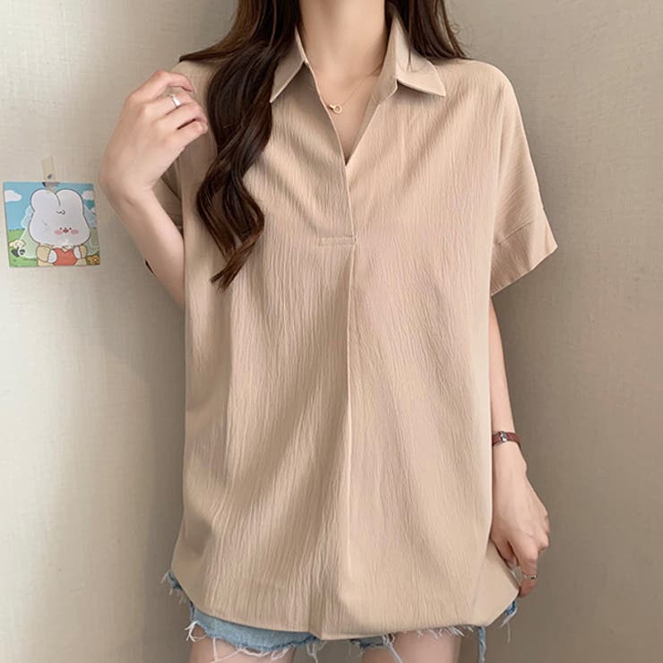 シャツ トップス vネック 立ち襟 ブラウス チュニック[品番