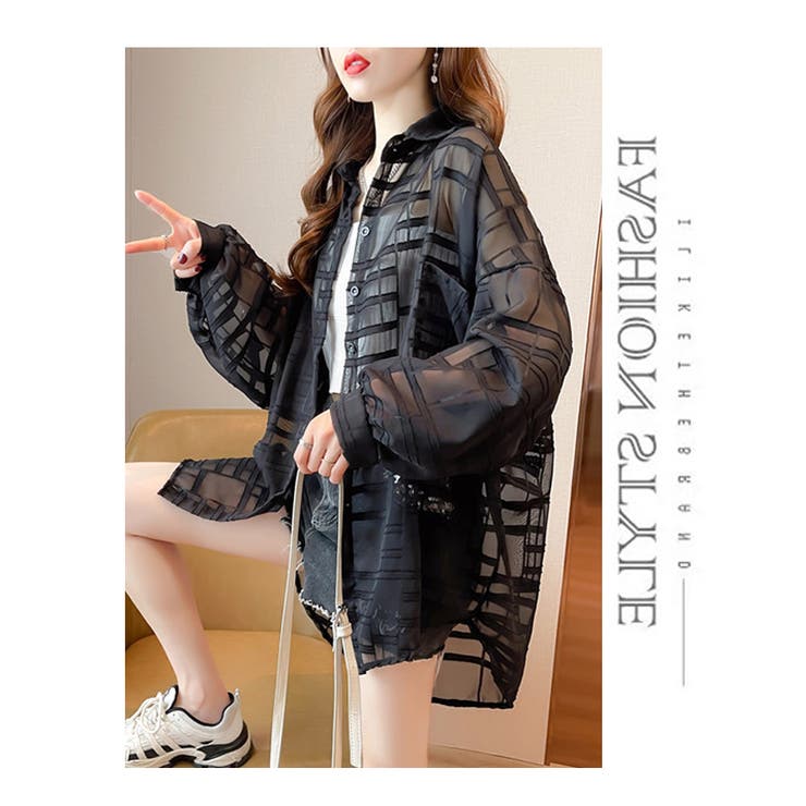 ひまわり柄シースルーブラウス レディース