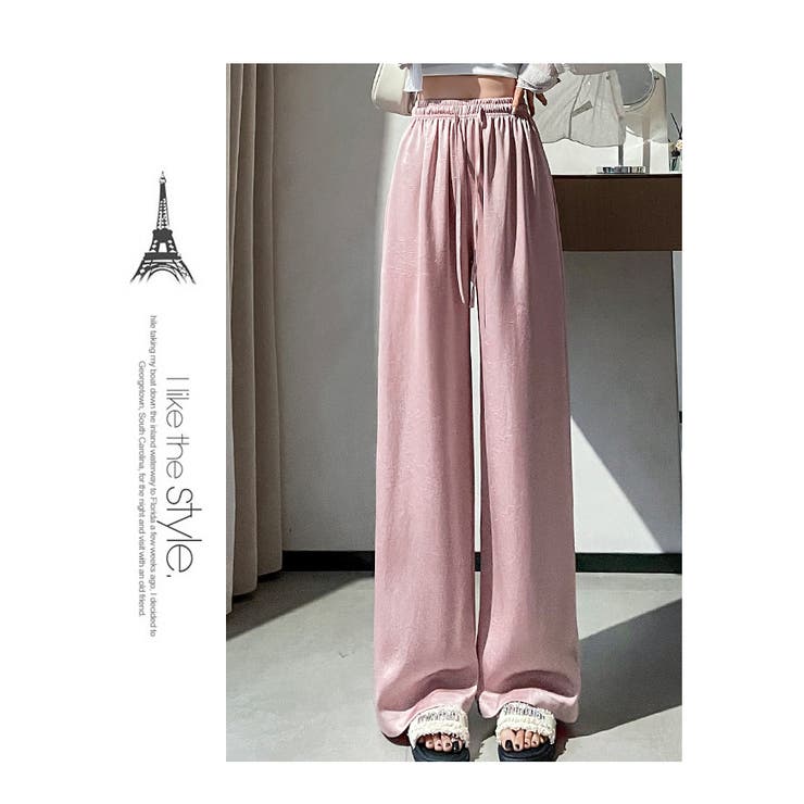 海外輸入 インボイス ワイドパンツ 冷感 涼しい サテンパンツ[品番：HERW0005293 パンツ