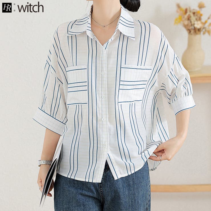 初秋 新作 七分袖 シャツ ストライプ柄 トップスダブルポケット | WITCH | 詳細画像1 