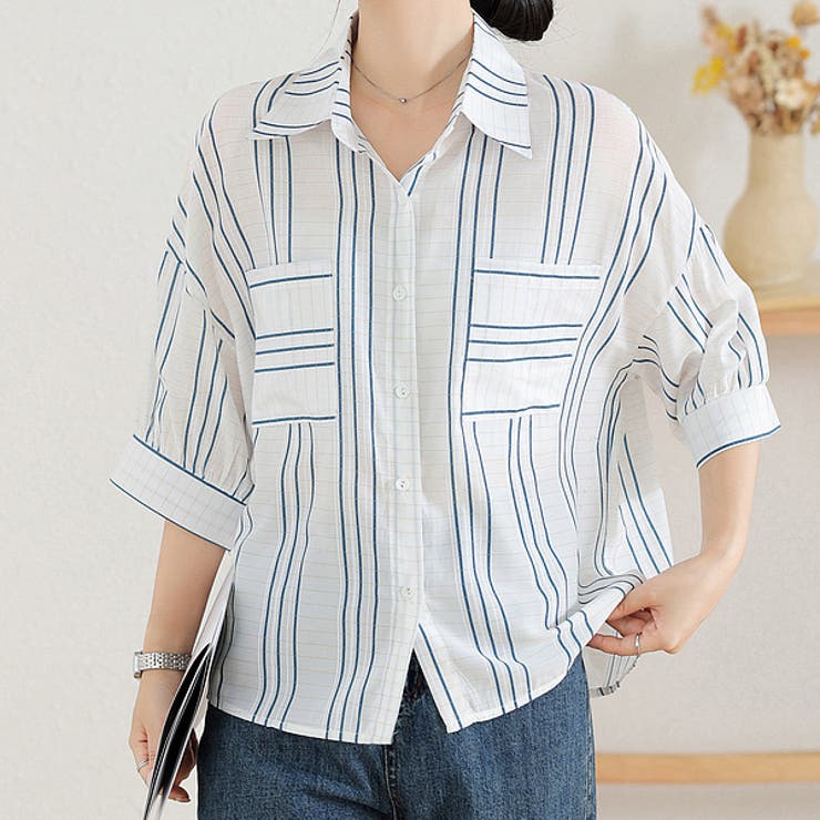 ホワイト | 初秋 新作 七分袖 シャツ ストライプ柄 トップスダブルポケット | WITCH